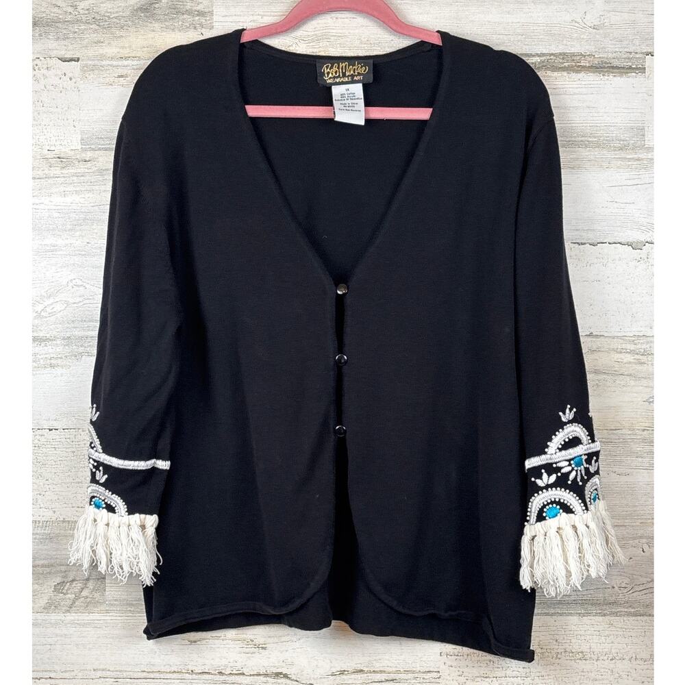 Bob Mackie Wearable Art Womens 1X Black Embroidered Knit Cardigan Sweater Boho